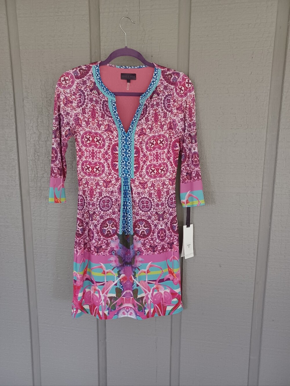Hale Bob Print Jersey Mini Dress Size XS Women Stretch 3/4 Sleeve Resortwear